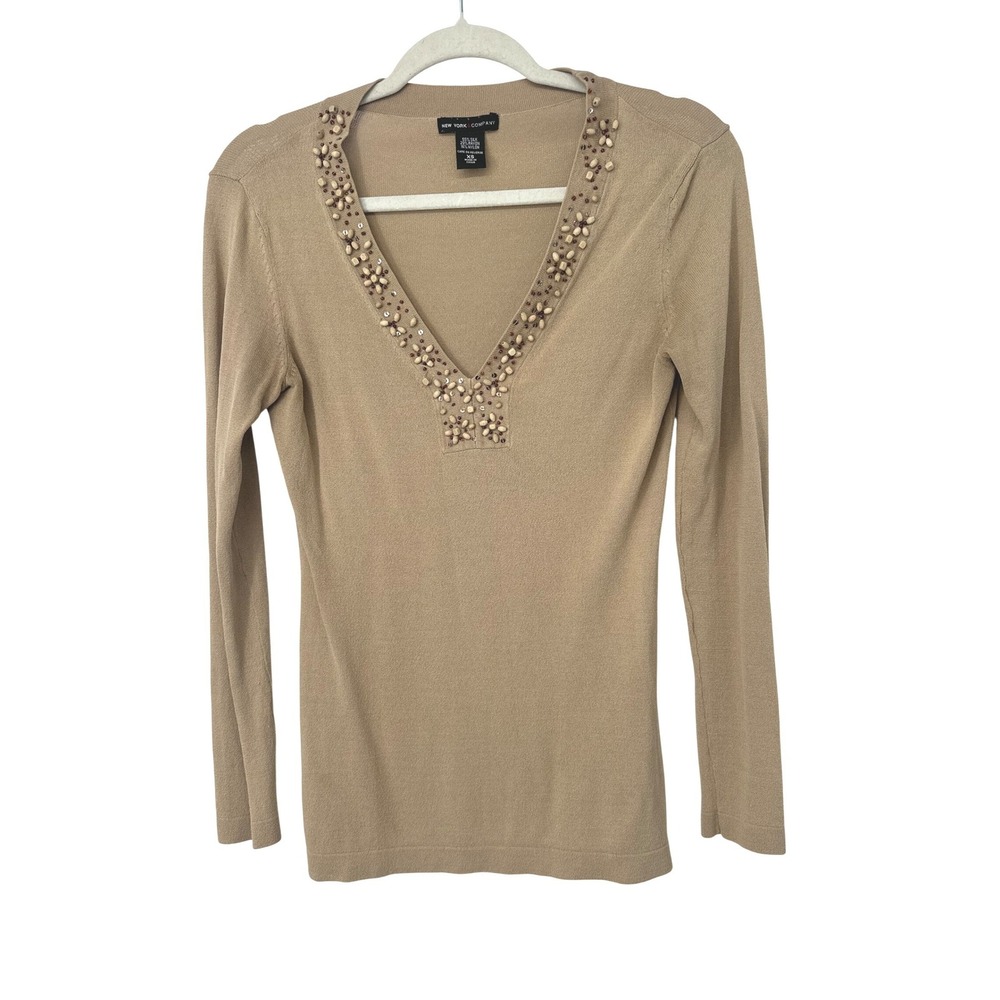 New York & Company Tunic Top Women XS Tan Silk Blend Beaded Sequin Boho Earthy